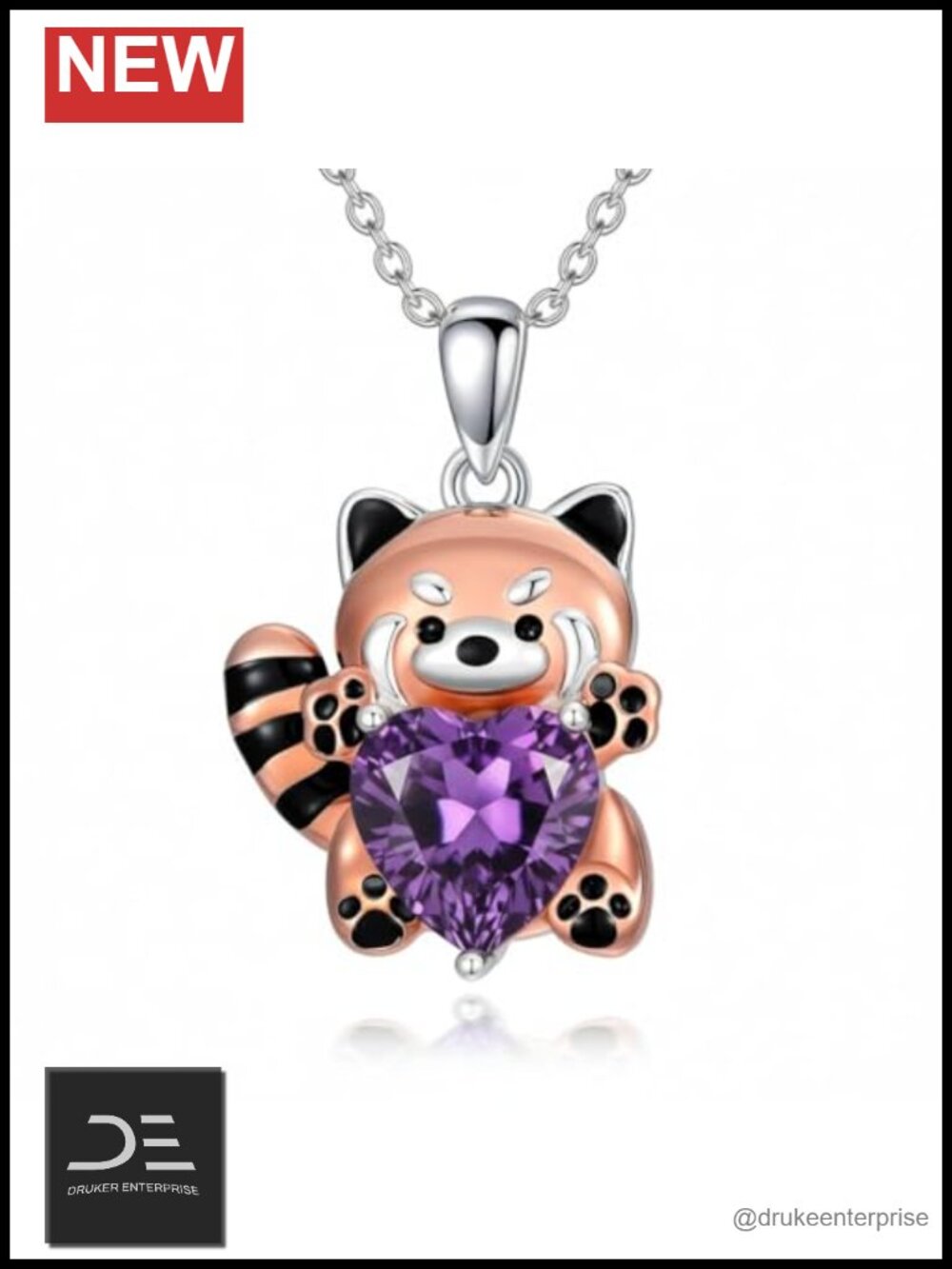 Sterling Silver Red Panda Pendant Necklace with Cubic Zirconia Heart Birthstone
